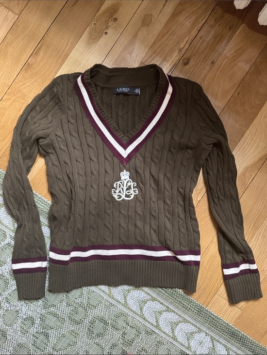 Lauren Ralph Lauren Sweaters - Lauren Ralph Lauren Olive Cable-Knit V-Neck Sweater with Burgundy and Cream Trim